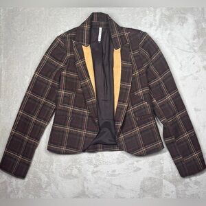 Willow & Clay Wool Blend Plaid Academia Open Front Faux Suede Brown Blazer Small